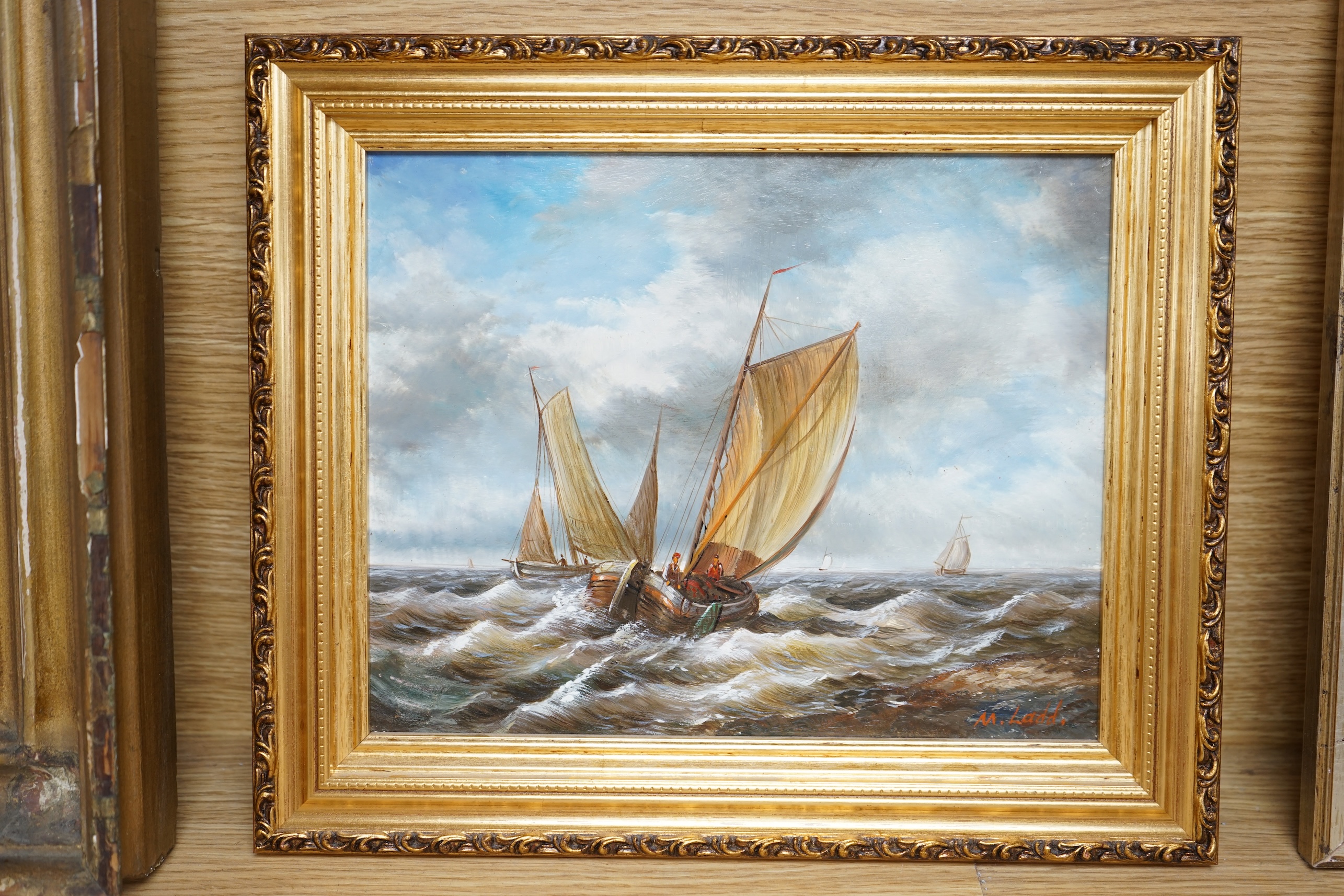 M. Ladd, Contemporary oil on board, Seascape with fishing boats, signed, 19 x 24cm, gilt framed. Condition - good